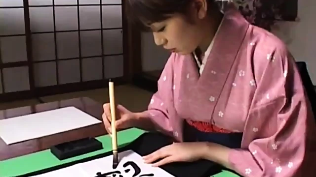 Sensual Asian Girl Practices Calligraphy With Erotic Desire Building Up