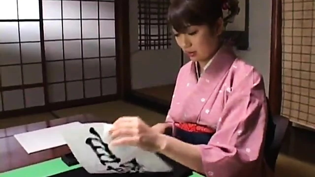 Sensual Asian Girl Practices Calligraphy With Erotic Desire Building Up