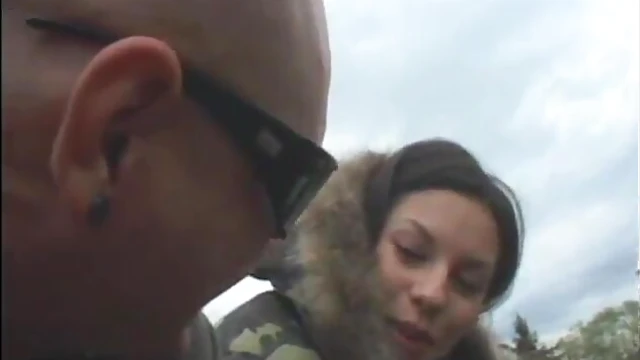 Outdoor Bliss: Slim Brunette Gets Her Ass Fucked by Bald Guy Hard
