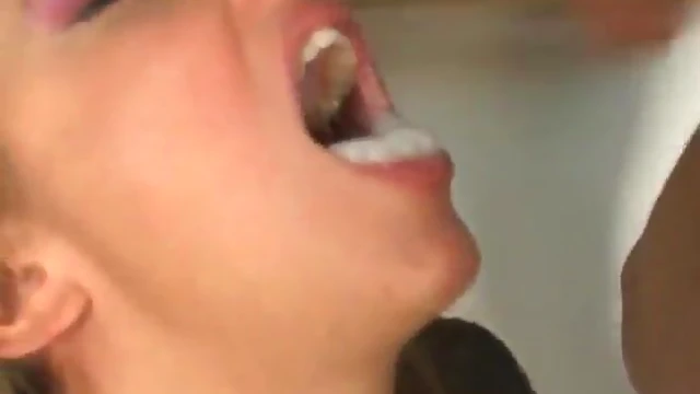 Schoolgirl Takes Hard Facial Cumshots from Two Studs Simultaneously