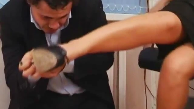 Office Temptation: Hot Brunette in High Heels Gets Her Toes Worshiped Feverishly