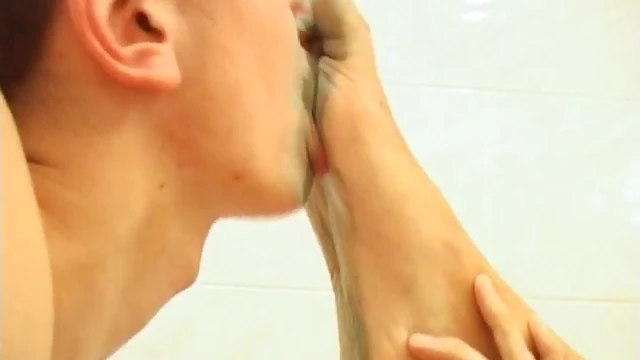 Submissive Slave Worshipfully Licking Cute Toes in Bathroom FemDom Playtime