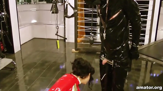 Lady Ashley Seduces with Red Latex, Driving Him Wild Beyond Measure