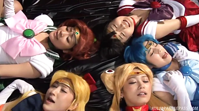 Hot Japanese Cosplay Babes Kneel Down And Suck Cock Deeply