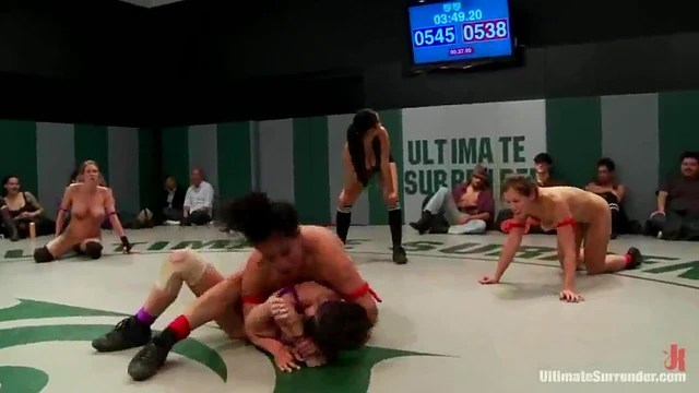 Horny Girls Wrestle on Mat Before Steamy Lesbian Sex Encounter