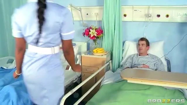 Hot Ebony Nurse Takes Care of Patient’s Big Cock with Skillful Mouth and Pussy