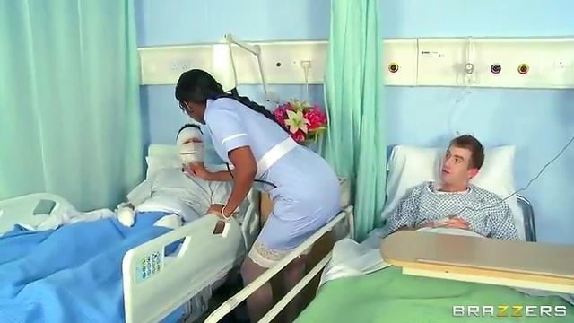 Hot Ebony Nurse Takes Care of Patient’s Big Cock with Skillful Mouth and Pussy