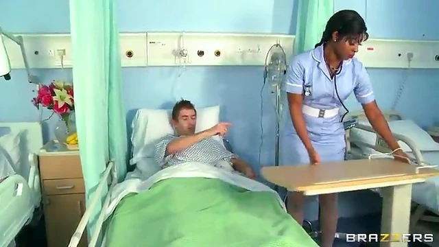Hot Ebony Nurse Takes Care of Patient’s Big Cock with Skillful Mouth and Pussy