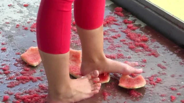 Feeding Her Sweetly With Watermelons From His Feet Playfully