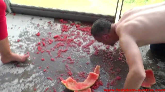 Feeding Her Sweetly With Watermelons From His Feet Playfully