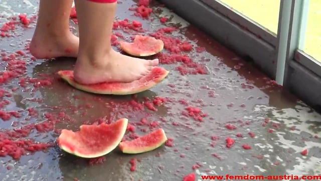 Feeding Her Sweetly With Watermelons From His Feet Playfully
