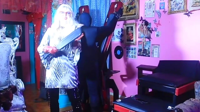 Blonde Mistress Dominates Fat Guy in Black Suit with Strict Punishment