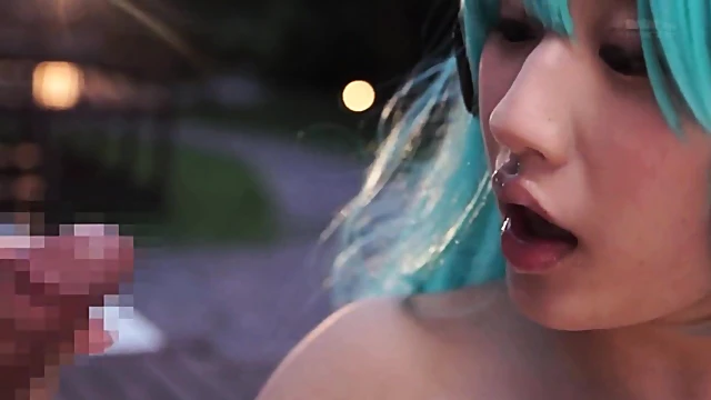Blue-Haired Japanese Cosplayer Blows Two Guys Simultaneously In Hot Action