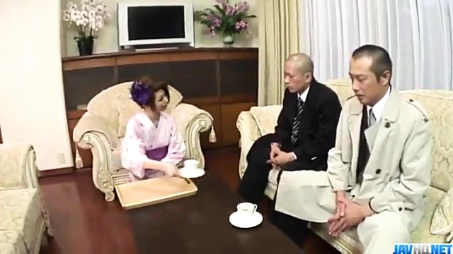 Rinka Kanzaki In Kimono Takes Two Massive Cocks Simultaneously