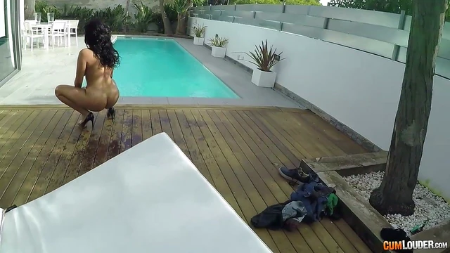 Sexy Brunette Slut & Friend Enjoy Poolside Cock Riding Delightfully