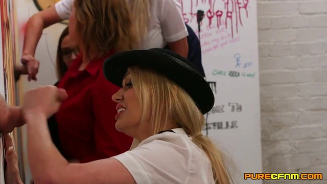 Hot Amber Jayne & Friends Stroking Dicks Through Glory Holes For Pleasure