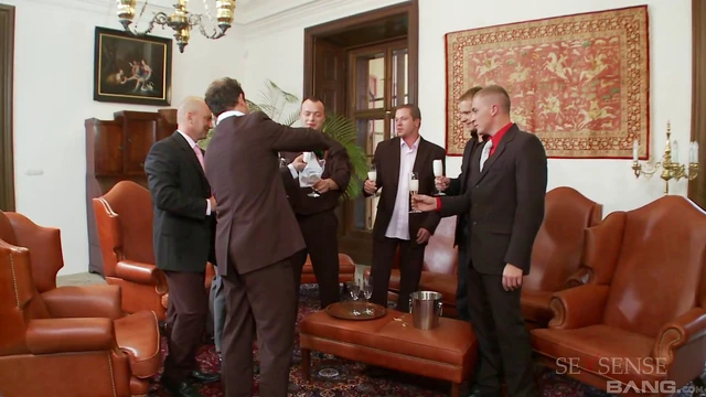 Two Sexy Blonde Babes Get Gangbanged by Five Guys Working All Their Holes Hard