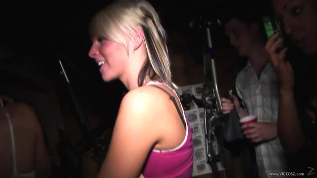 Blonde & Brunette Take Turns Giving Blowjob at Steamy Public Party