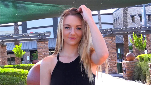 Blonde Solo Model With Long Hair Seduces Outdoors While Stripping Her Thong