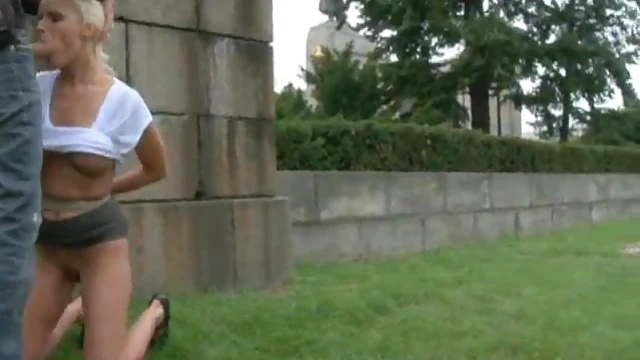 Blonde Slut Gets Fucked Hard While Sucking Cock Publicly BDSM Style