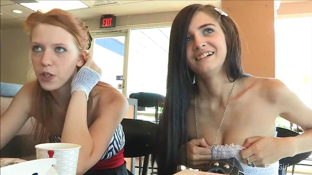 Lesbian Teens Flash Snatch Secretly Under Table Before Getting Steamy Together