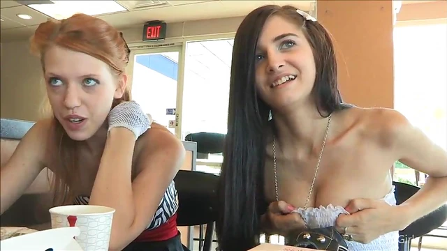 Lesbian Teens Flash Snatch Secretly Under Table Before Getting Steamy Together