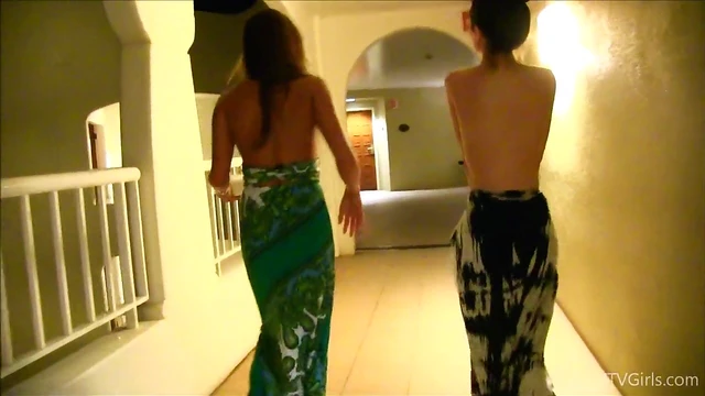 Hot Lesbians in Thong Caress Sweet Butts Indoors for Steamy Action