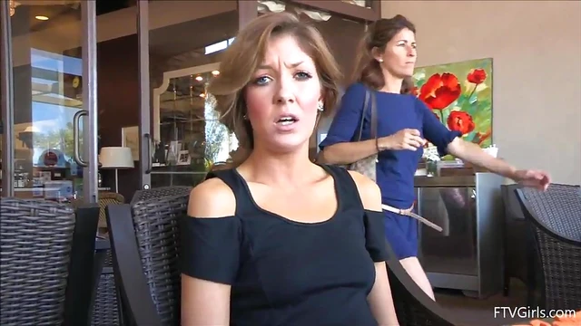 Teasing Emily Shows Off Her Perfectly Shaven Pussy in Public Spaces