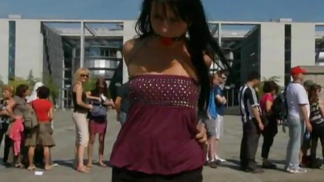 Publicly Embarrassed Brunette Gets Her Throat and Pussy Hard Fucked