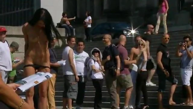 Publicly Embarrassed Brunette Gets Her Throat and Pussy Hard Fucked