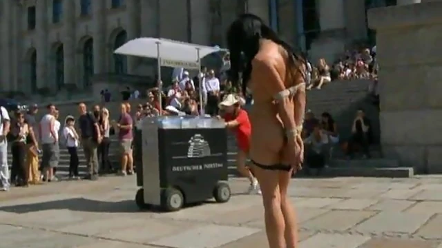 Publicly Embarrassed Brunette Gets Her Throat and Pussy Hard Fucked