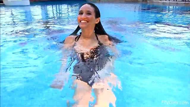 Skimpy Swimsuit Girls Take Sultry Public Poolside Dip Together