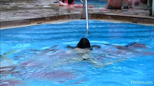 Skimpy Swimsuit Girls Take Sultry Public Poolside Dip Together
