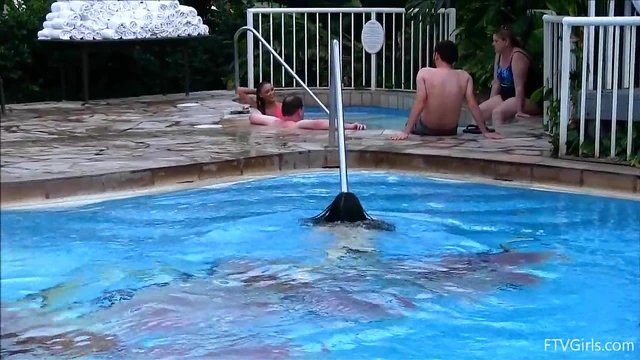 Skimpy Swimsuit Girls Take Sultry Public Poolside Dip Together
