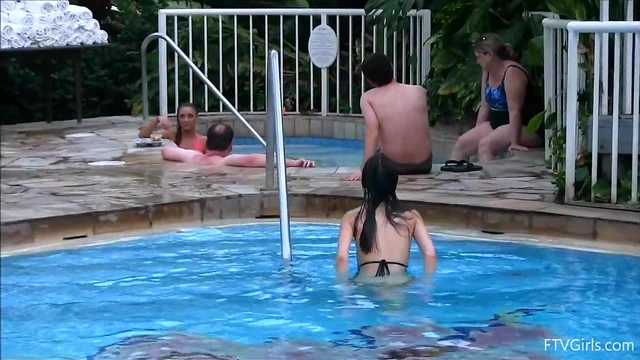 Skimpy Swimsuit Girls Take Sultry Public Poolside Dip Together