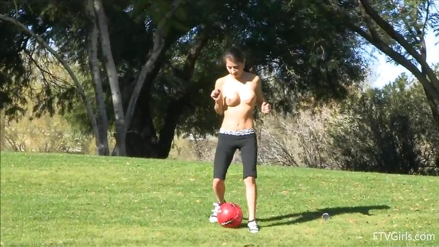 Topless Busty Teen Takes On Soccer Field With Seductive Moves