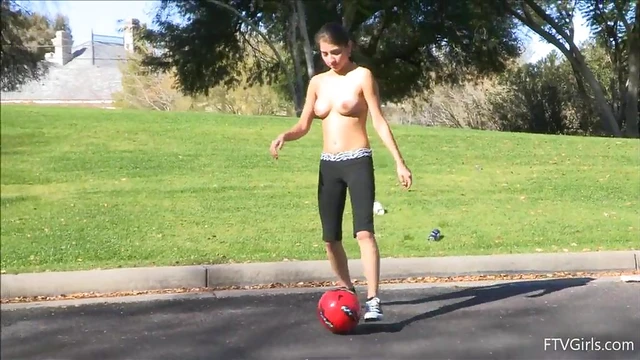 Topless Busty Teen Takes On Soccer Field With Seductive Moves