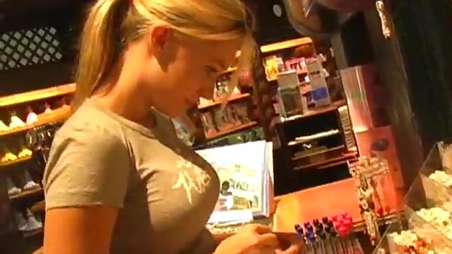 Blond Bombshell Alison Angel Shows Off Her Goods at the Store