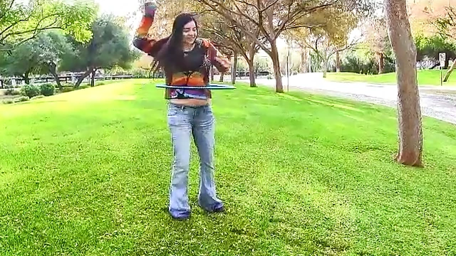 Curvy Brunette Teen Flirts While Nude & Twirling Her Hula Hoop Seductively