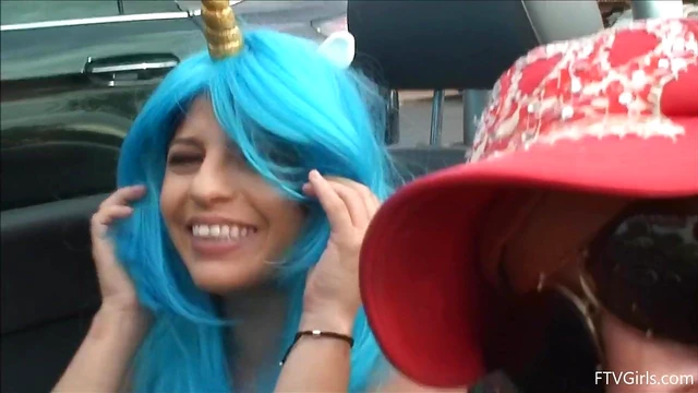 Seductive Stacey in Blue Wig Strips Teasingly By The Poolside