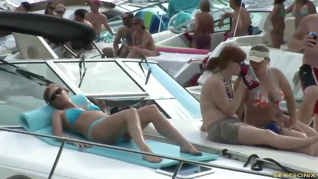 Amateur Flashers Party Wildly on Lake Boat in Hot Bikinis