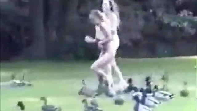Blonde Beauties Bare Naked Sprint Through Public Park