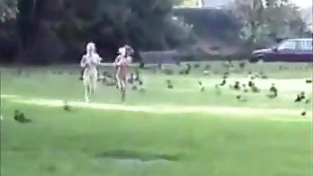 Blonde Beauties Bare Naked Sprint Through Public Park