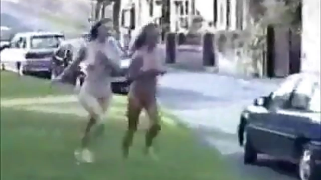 Blonde Beauties Bare Naked Sprint Through Public Park