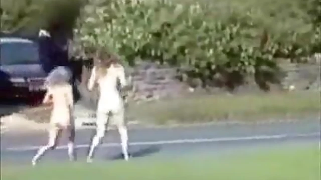 Blonde Beauties Bare Naked Sprint Through Public Park