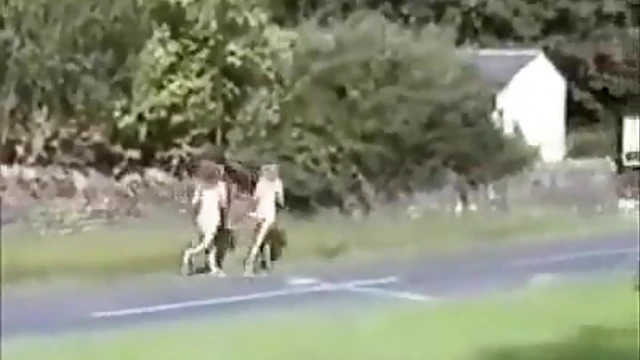 Blonde Beauties Bare Naked Sprint Through Public Park