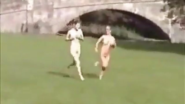 Blonde Beauties Bare Naked Sprint Through Public Park