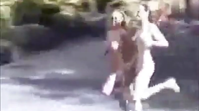 Blonde Beauties Bare Naked Sprint Through Public Park