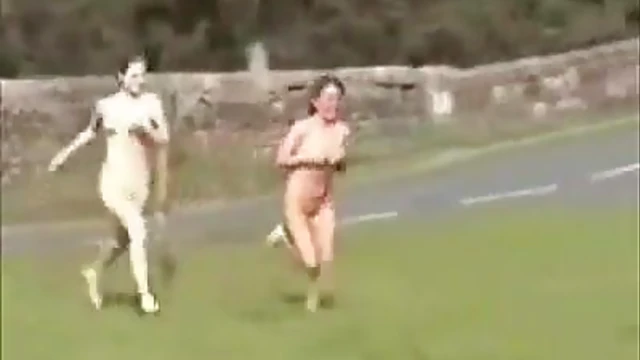 Blonde Beauties Bare Naked Sprint Through Public Park