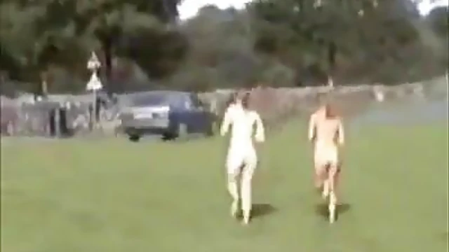 Blonde Beauties Bare Naked Sprint Through Public Park